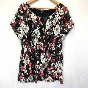 Roz & Ali Lightweight Chiffon Dark Floral Shirt Womens 3X Black Red Sheer Top